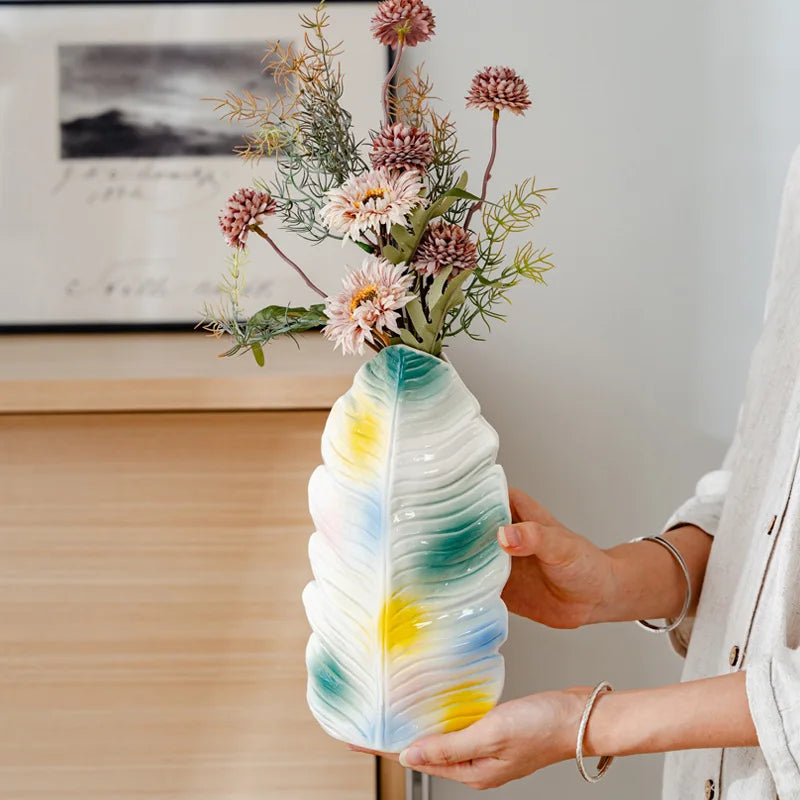 Guérip Modern Ceramic Vase with Banana Leaf Pattern Colorful Abstract Glaze
