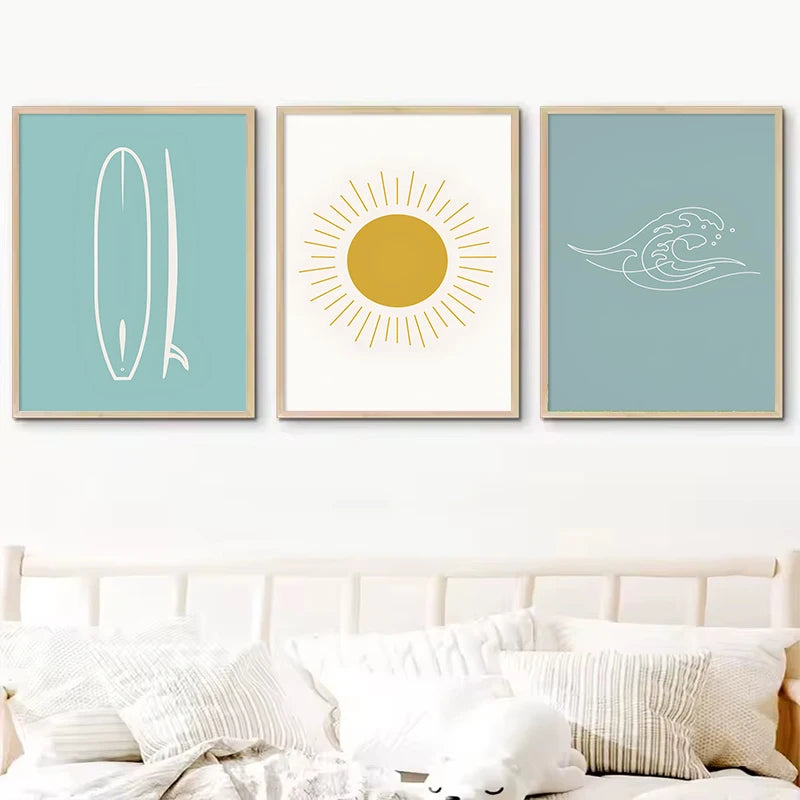 Nordic Minimalist Poster Surfing Sun Waves Print