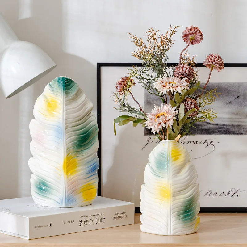 Guérip Modern Ceramic Vase with Banana Leaf Pattern Colorful Abstract Glaze
