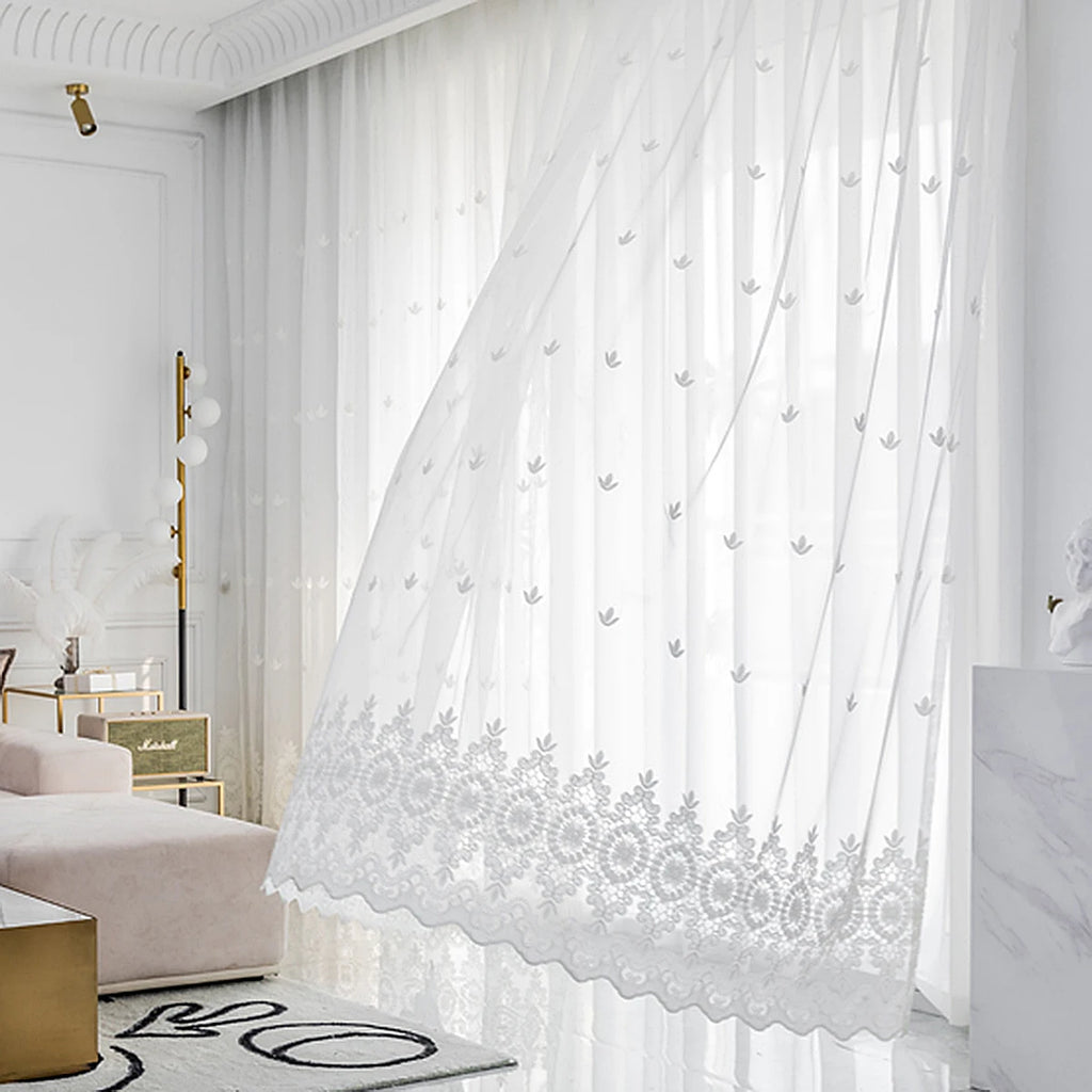 Guérip White Flower Pattern Embroidery Sheer Curtain