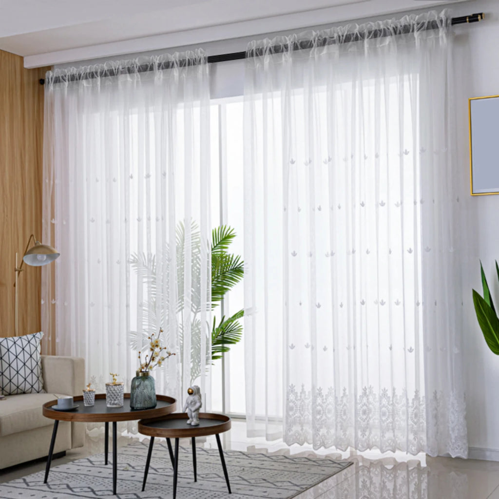 Guérip White Flower Pattern Embroidery Sheer Curtain