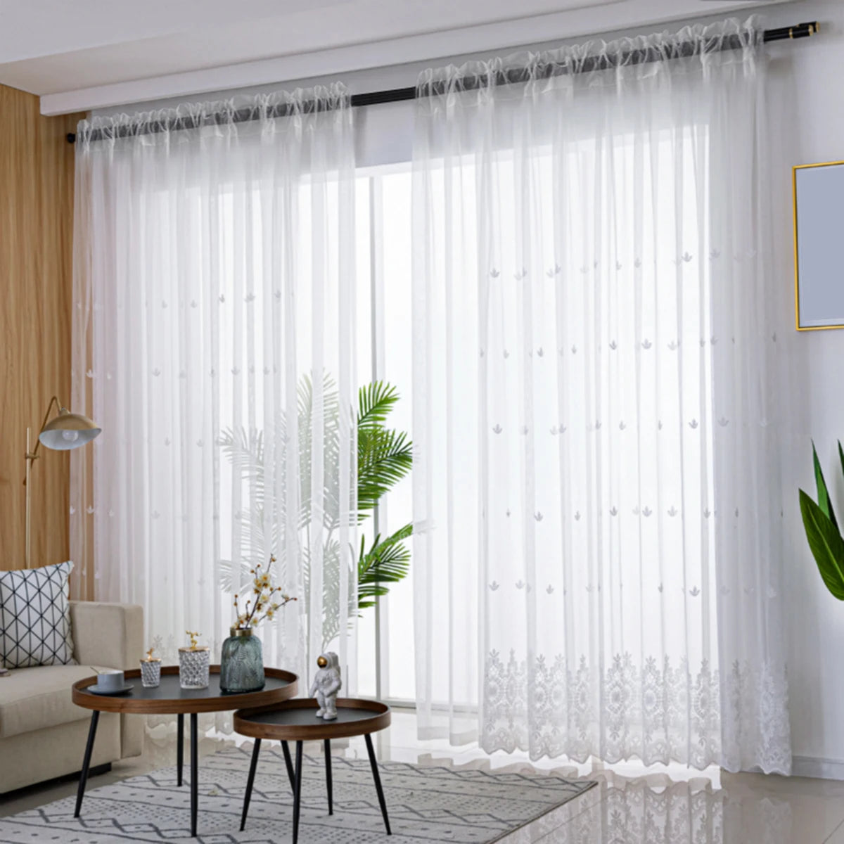 Guérip White Flower Pattern Embroidery Sheer Curtain