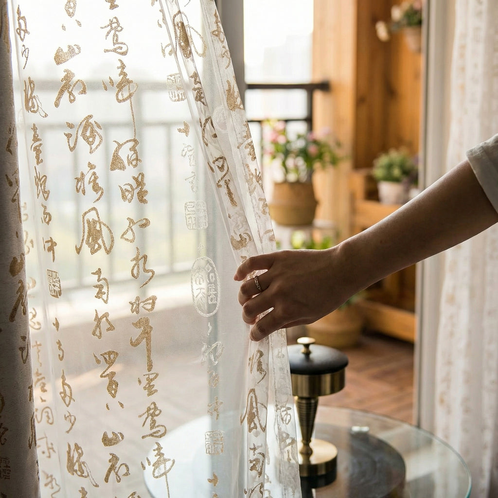 Calligraphy Print Sheer Curtain Panel