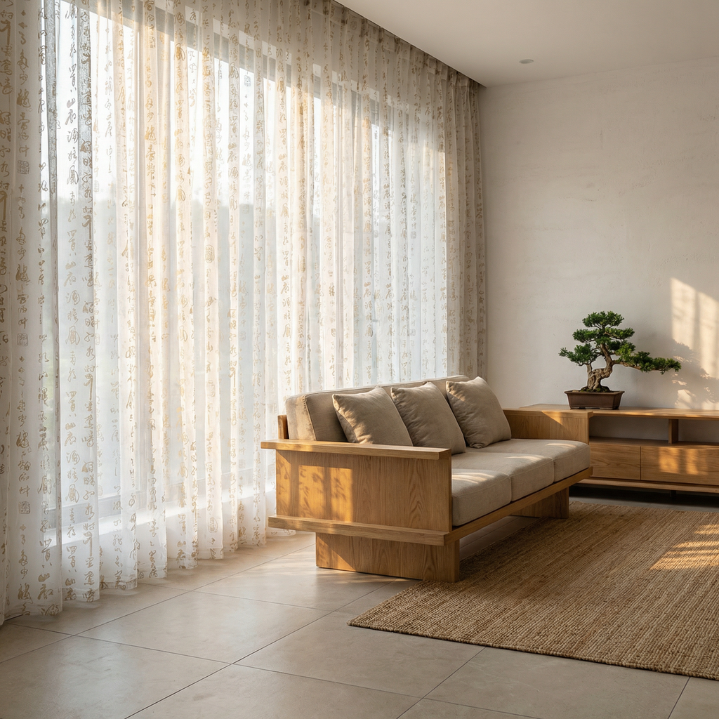 Calligraphy Print Sheer Curtain Panel