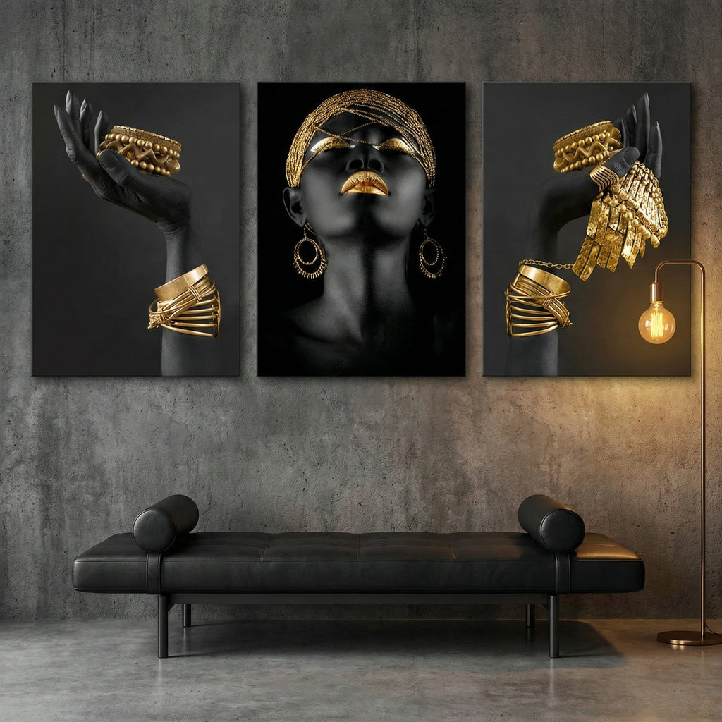 Golden Noir Triptych Wall Art