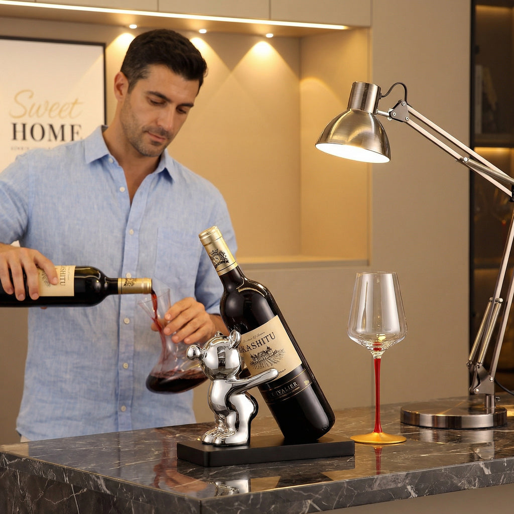 Sculptural Bear Wine Bottle Holder with Metallic Finish